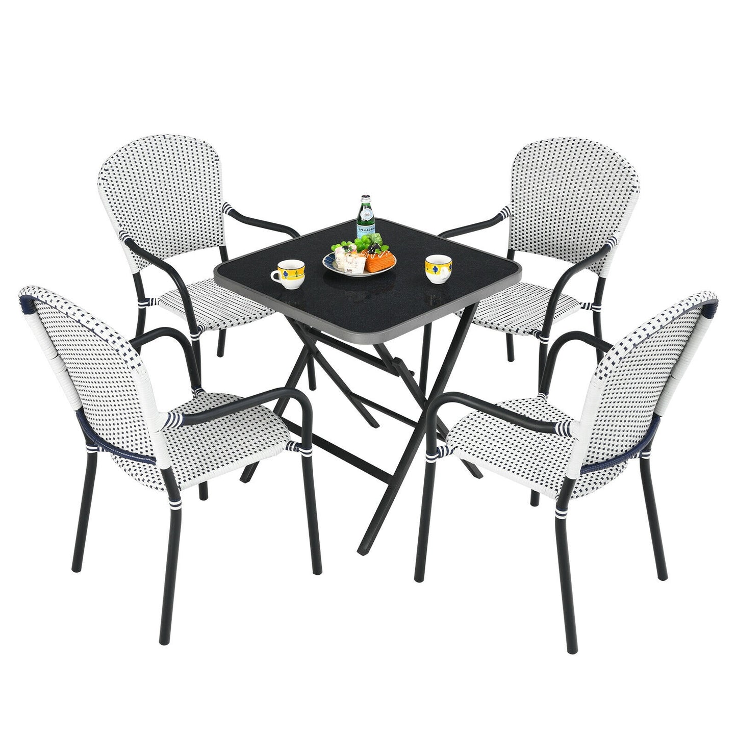 Set of 4 Patio Rattan Stackable Dining Chair with Armrest for Garden-White