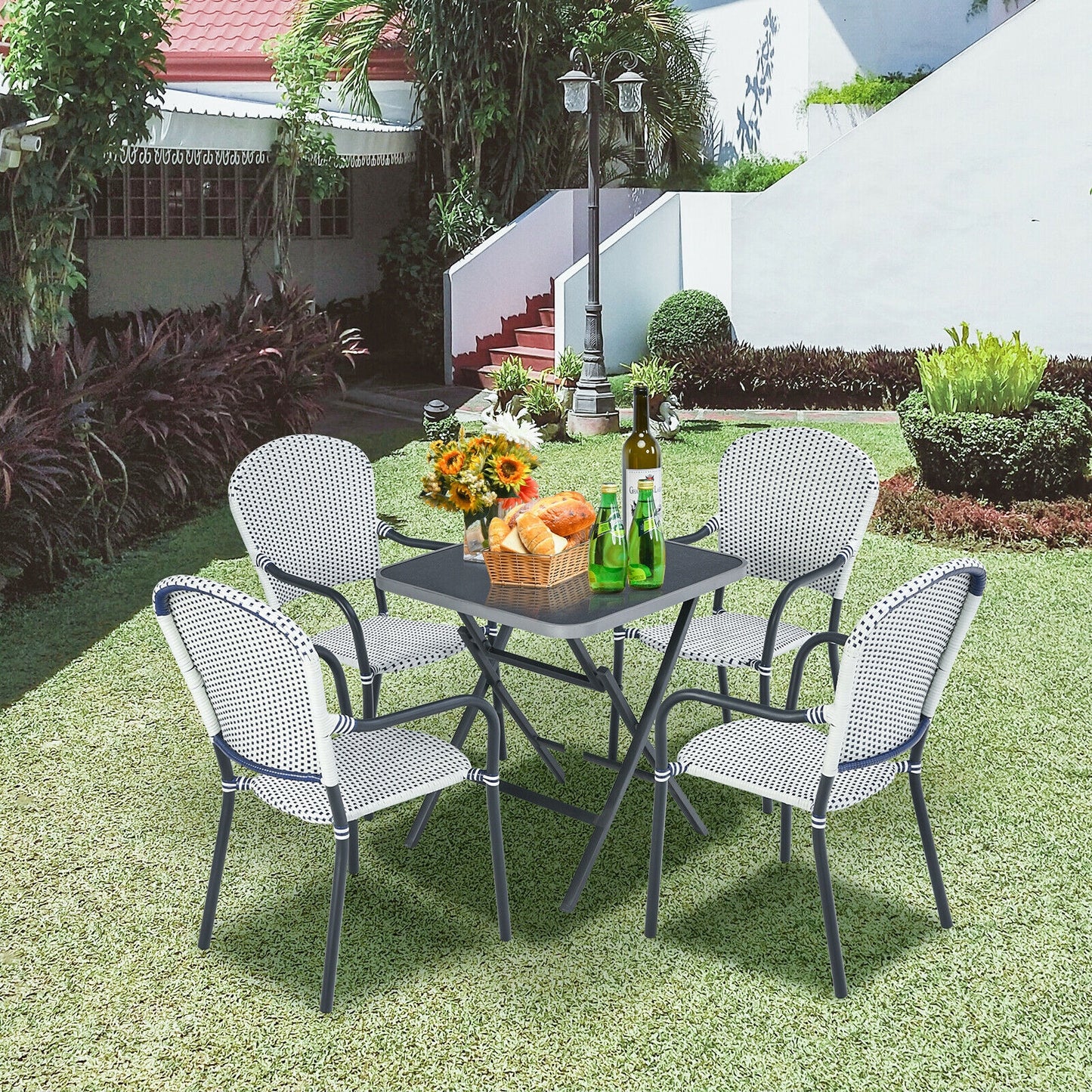 Set of 4 Patio Rattan Stackable Dining Chair with Armrest for Garden-White