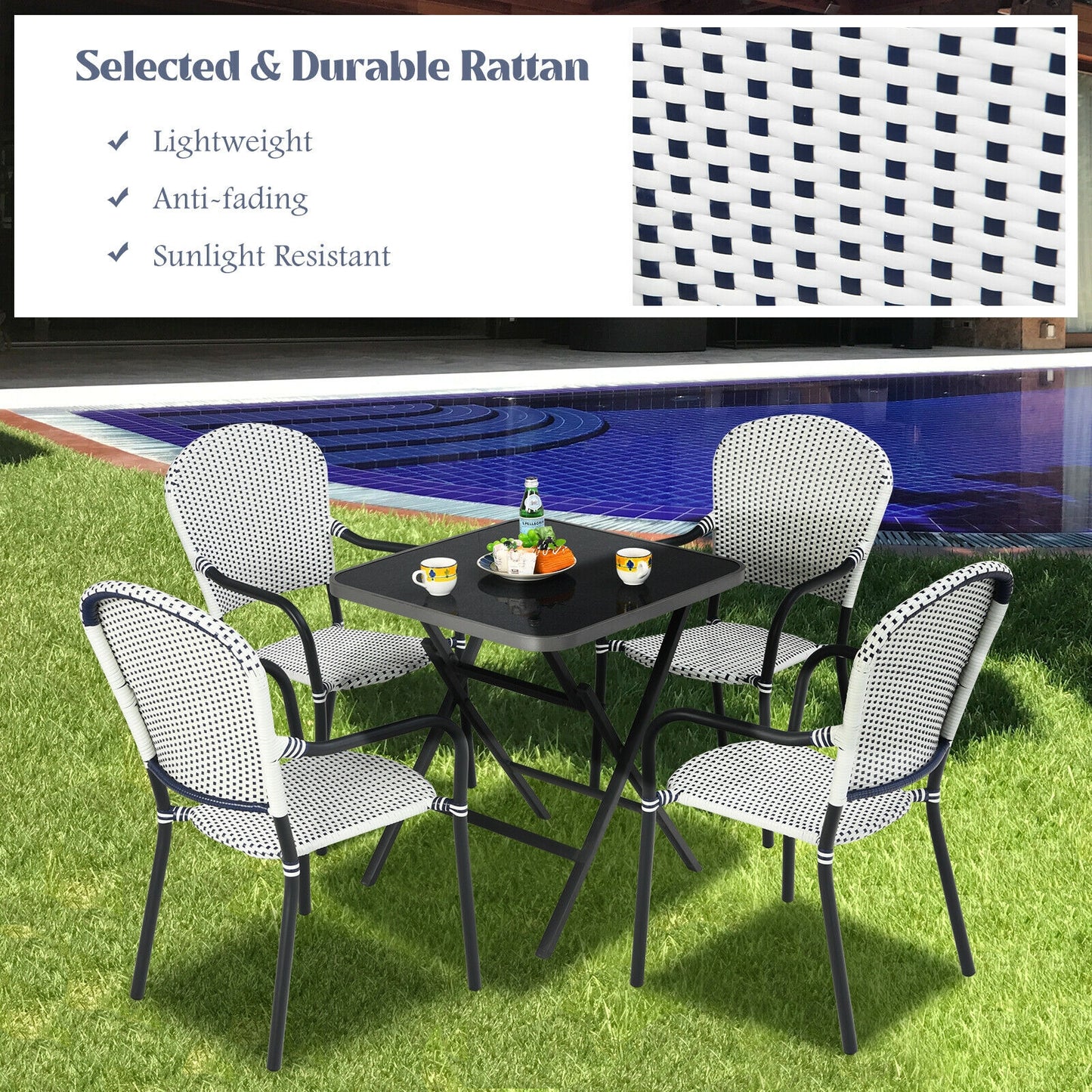 Set of 4 Patio Rattan Stackable Dining Chair with Armrest for Garden-White