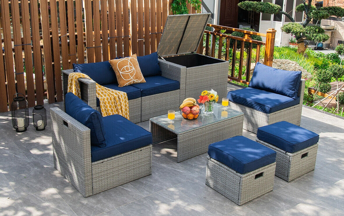 8 Pieces Patio Rattan Furniture Set with Storage Waterproof Cover and Cushion-Navy