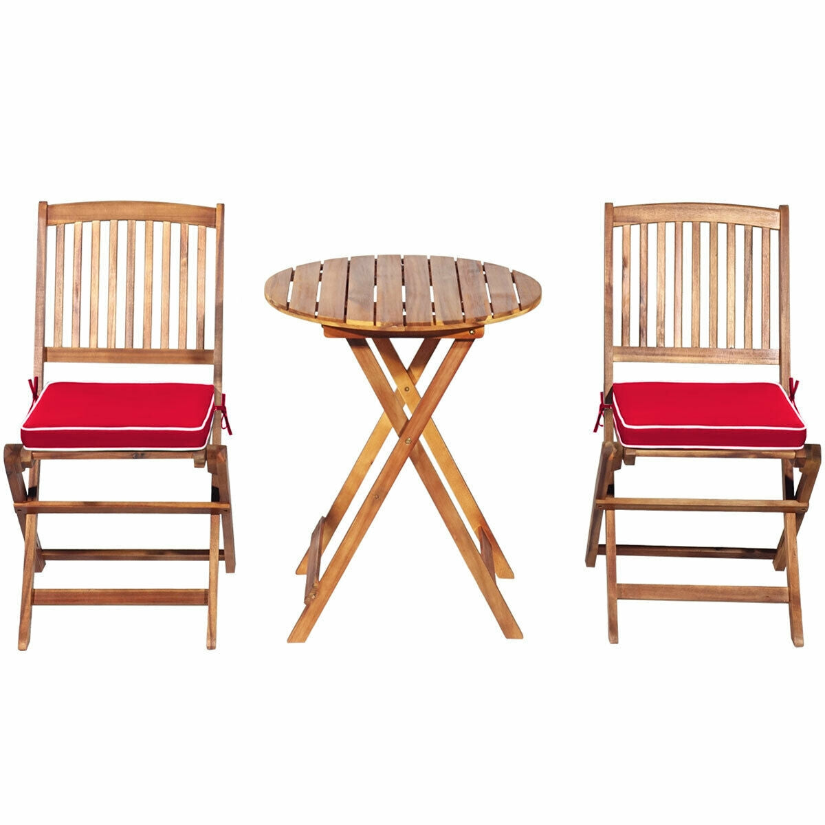 3 Pieces Patio Folding Wooden Bistro Set Cushioned Chair-Red