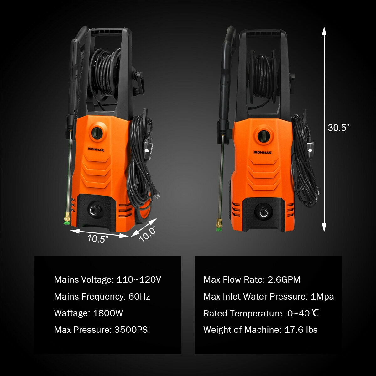 3500PSI Electric High Power Pressure Washer for Car Fence Patio Garden Cleaning-Orange