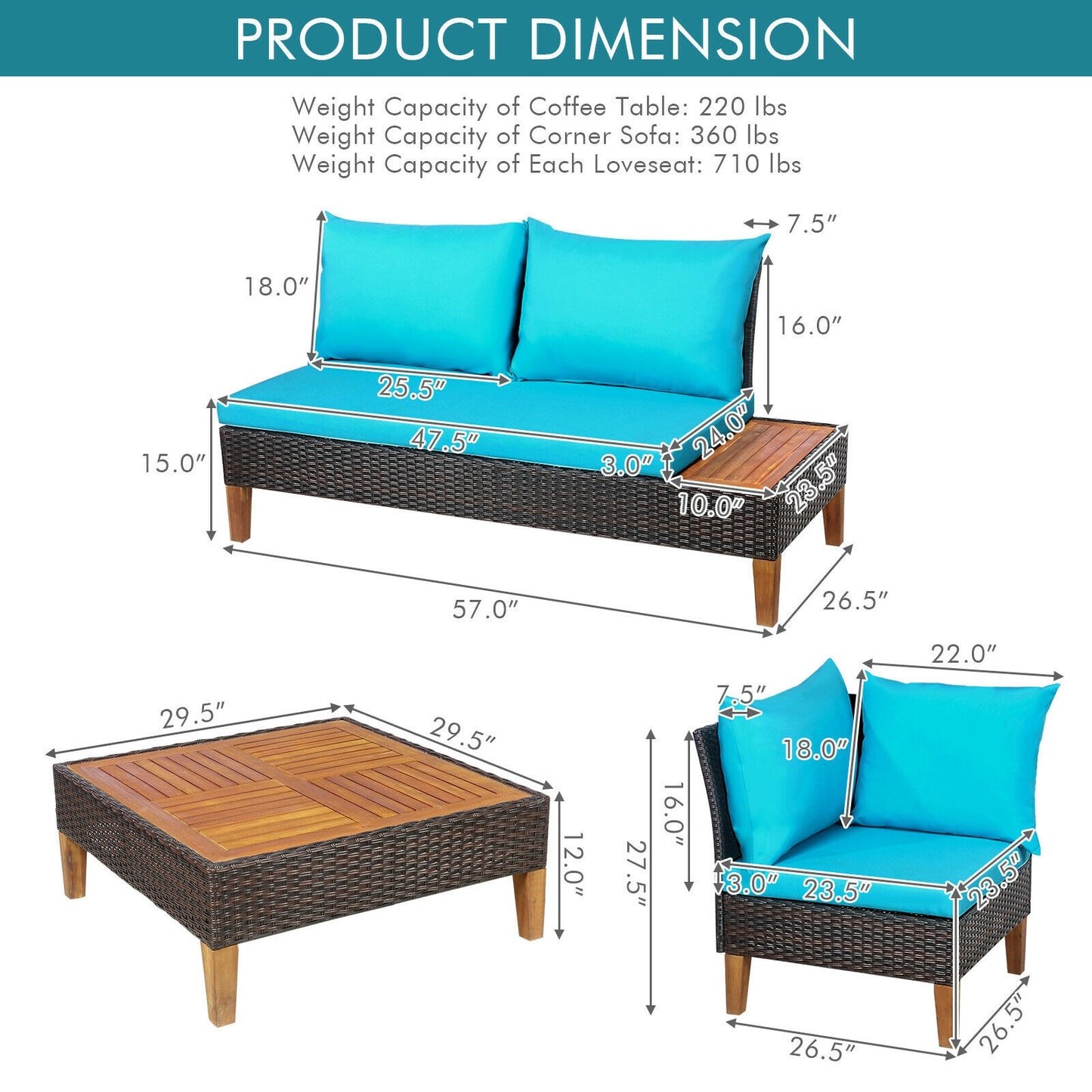 4 Pieces Patio Cushioned Rattan Furniture Set with Wooden Side Table-Turquoise
