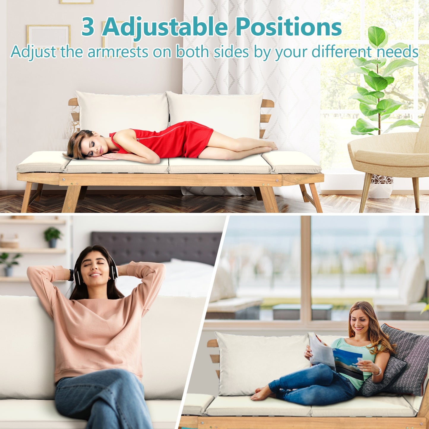 Adjustable Patio Convertible Sofa with Thick Cushion-White