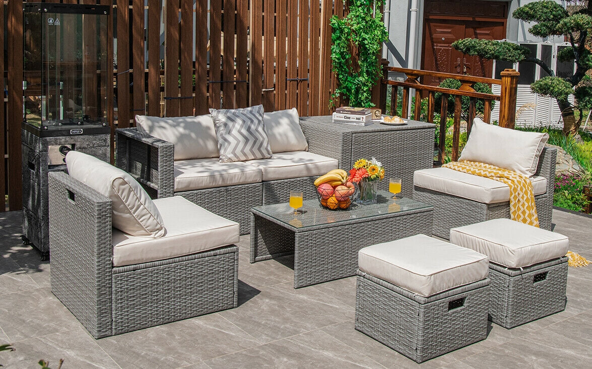 8 Pieces Patio Rattan Furniture Set with Storage Waterproof Cover and Cushion-Off White