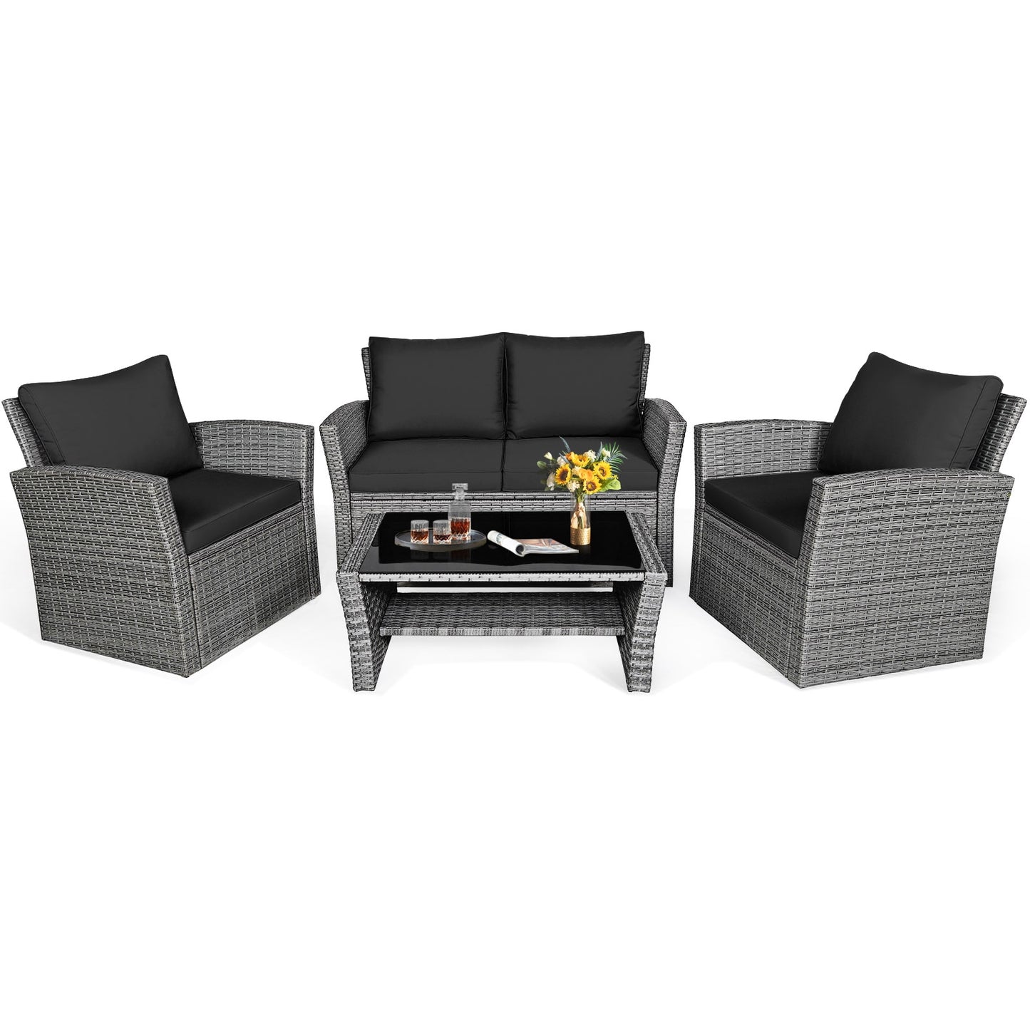 4 Pieces Patio Rattan Furniture Set Sofa Table with Storage Shelf Cushion-Black