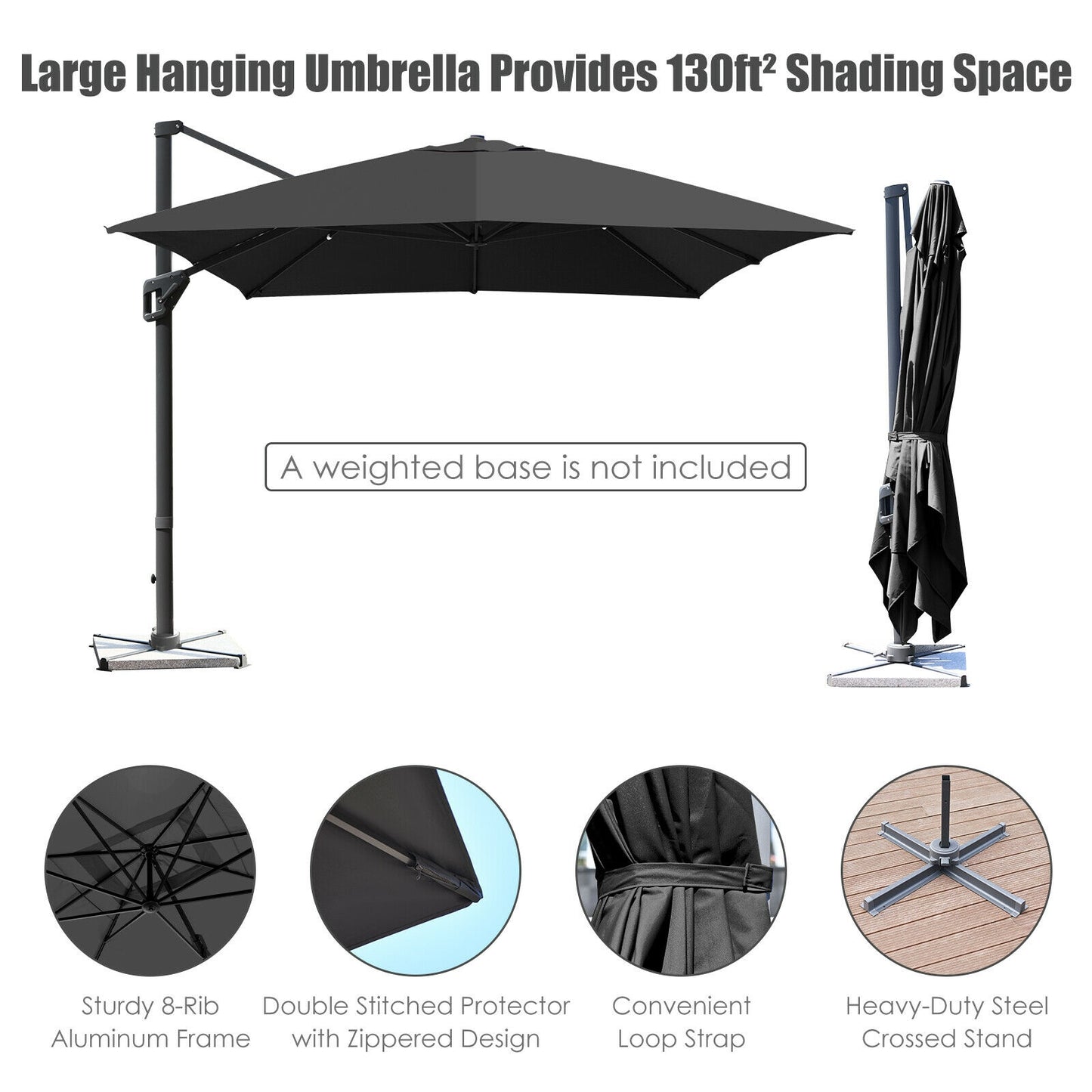 10 x13 Feet Rectangular Cantilever Umbrella with 360° Rotation Function-Gray