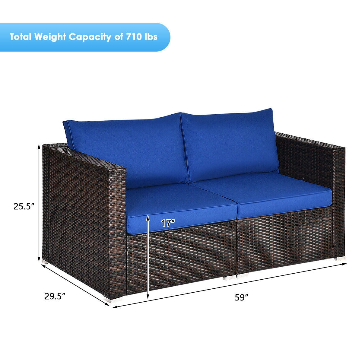 2 Pieces Patio Rattan Sectional Conversation Sofa Set-Navy