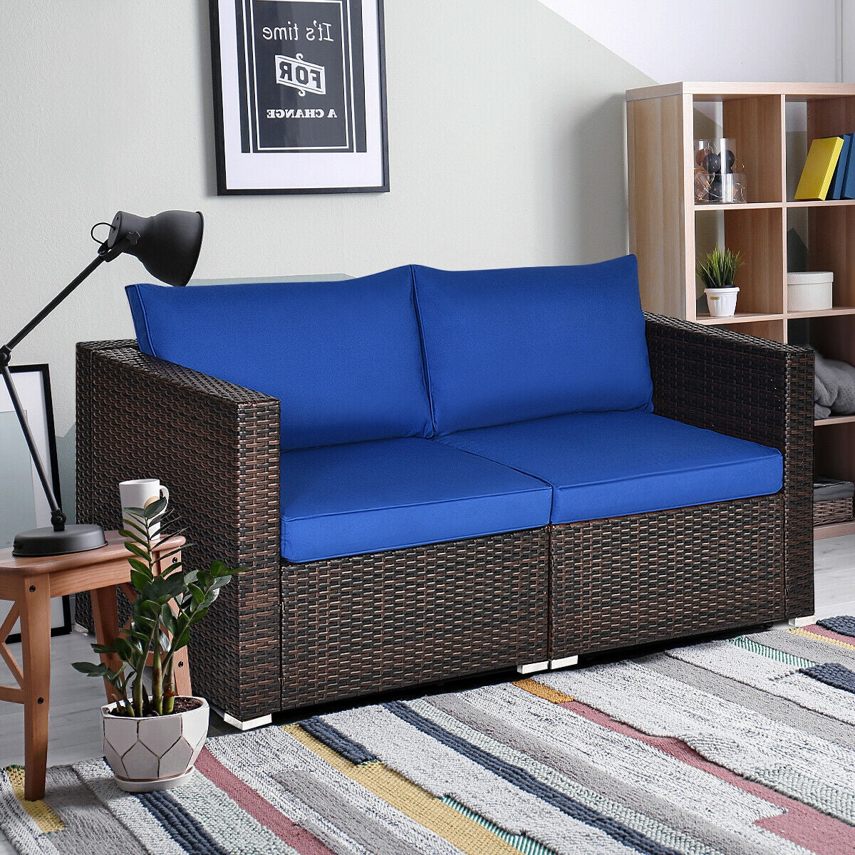2 Pieces Patio Rattan Sectional Conversation Sofa Set-Navy