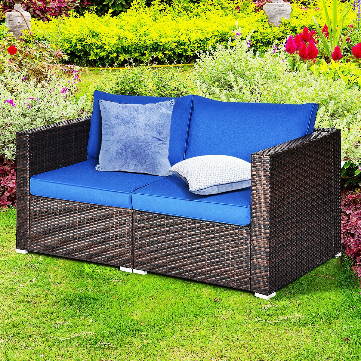 2 Pieces Patio Rattan Sectional Conversation Sofa Set-Navy