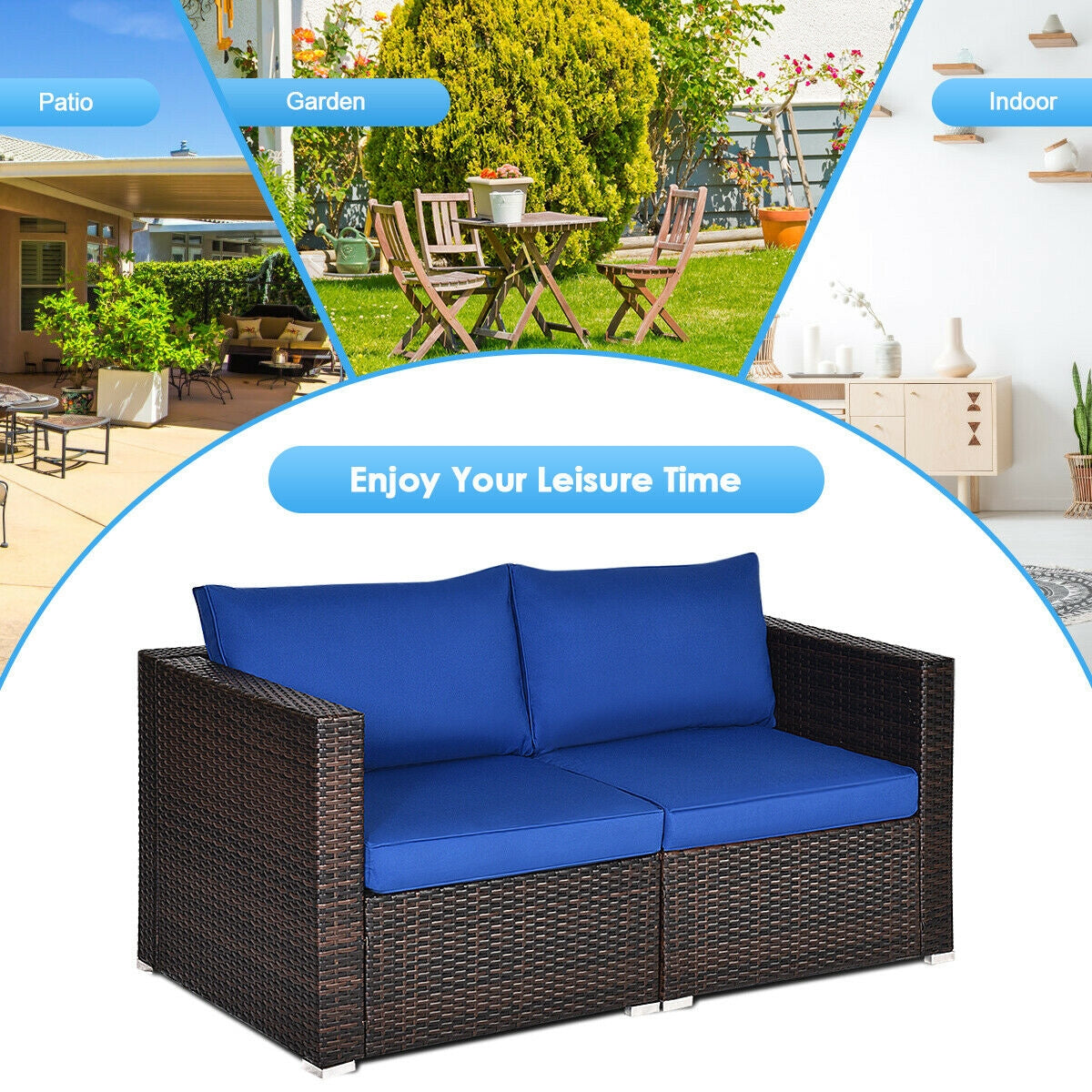 2 Pieces Patio Rattan Sectional Conversation Sofa Set-Navy