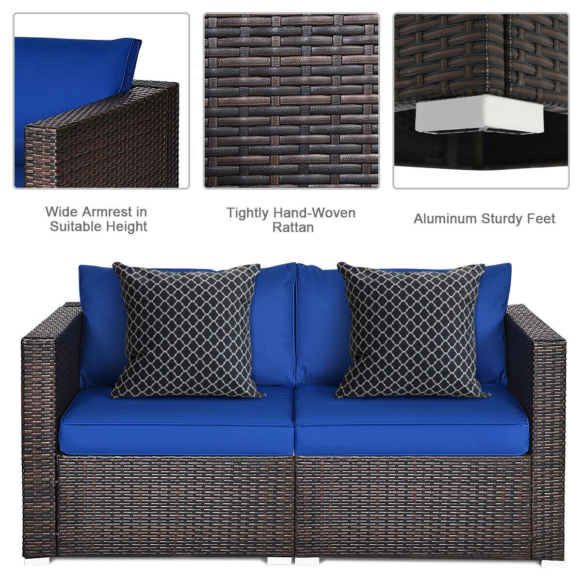 2 Pieces Patio Rattan Sectional Conversation Sofa Set-Navy