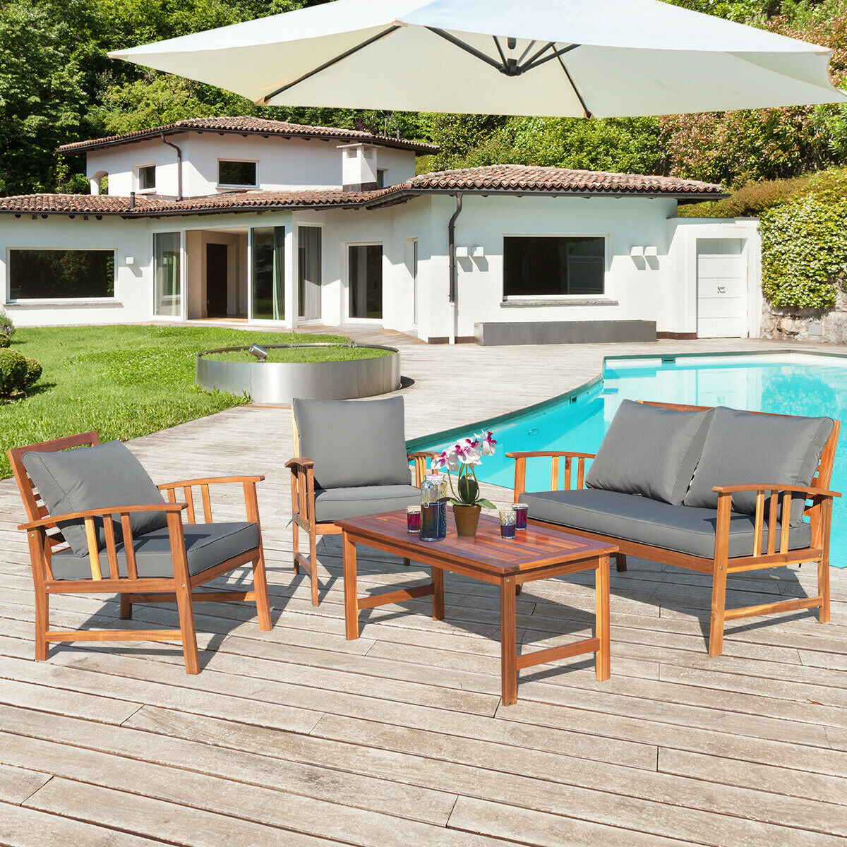 4 Pieces Wooden Patio Furniture Set with Table and Sofa Chair