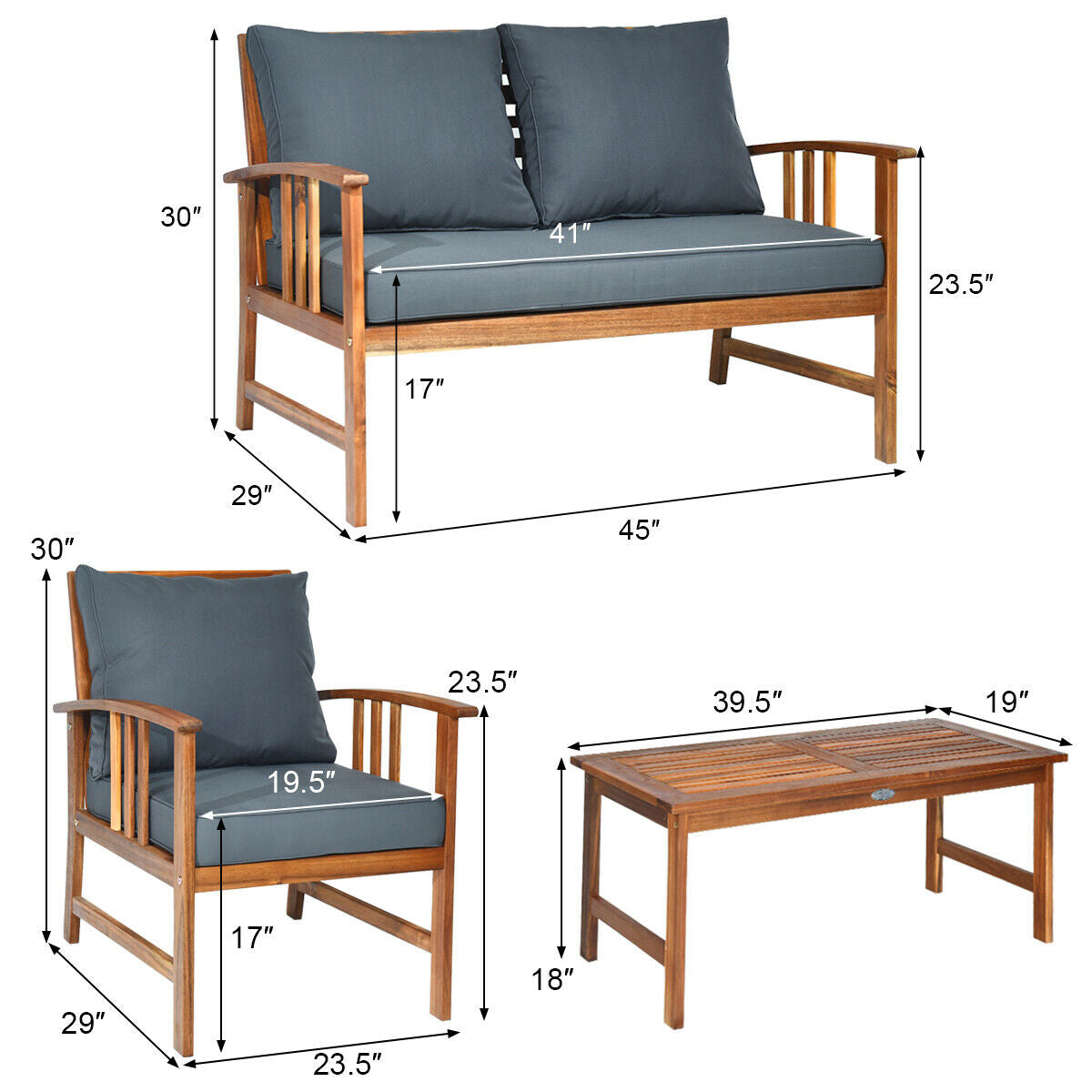 4 Pieces Wooden Patio Furniture Set with Table and Sofa Chair