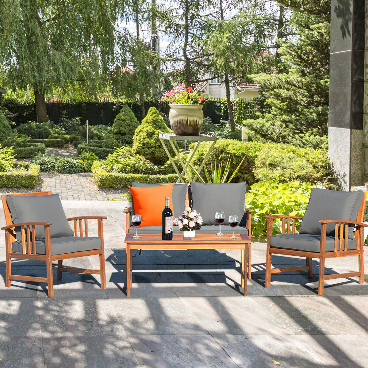 4 Pieces Wooden Patio Furniture Set with Table and Sofa Chair
