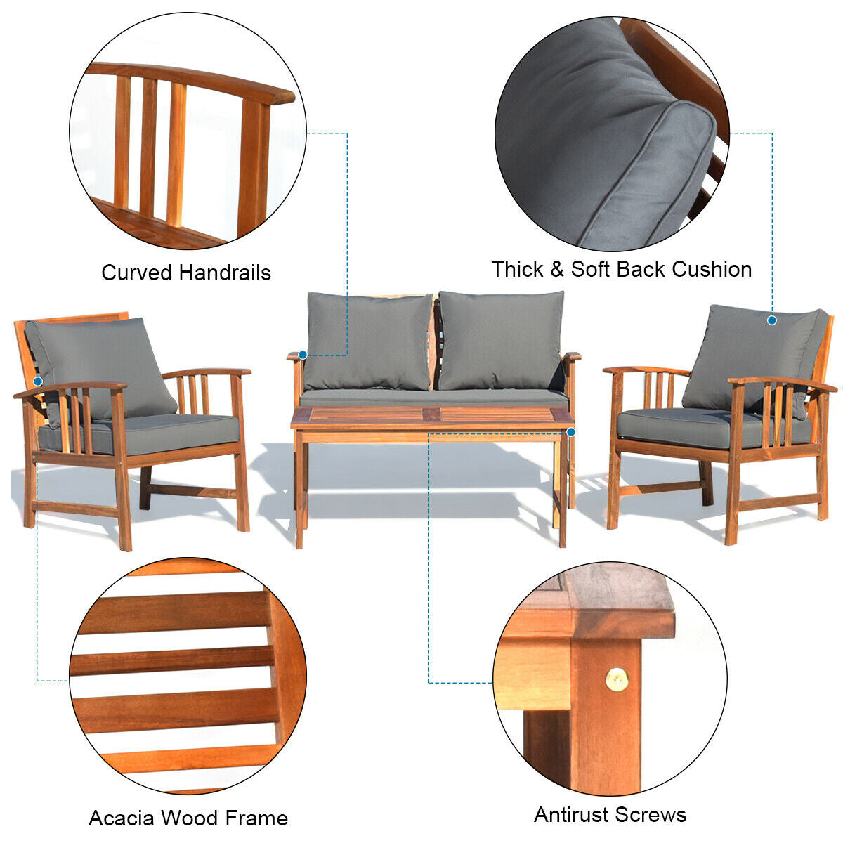 4 Pieces Wooden Patio Furniture Set with Table and Sofa Chair