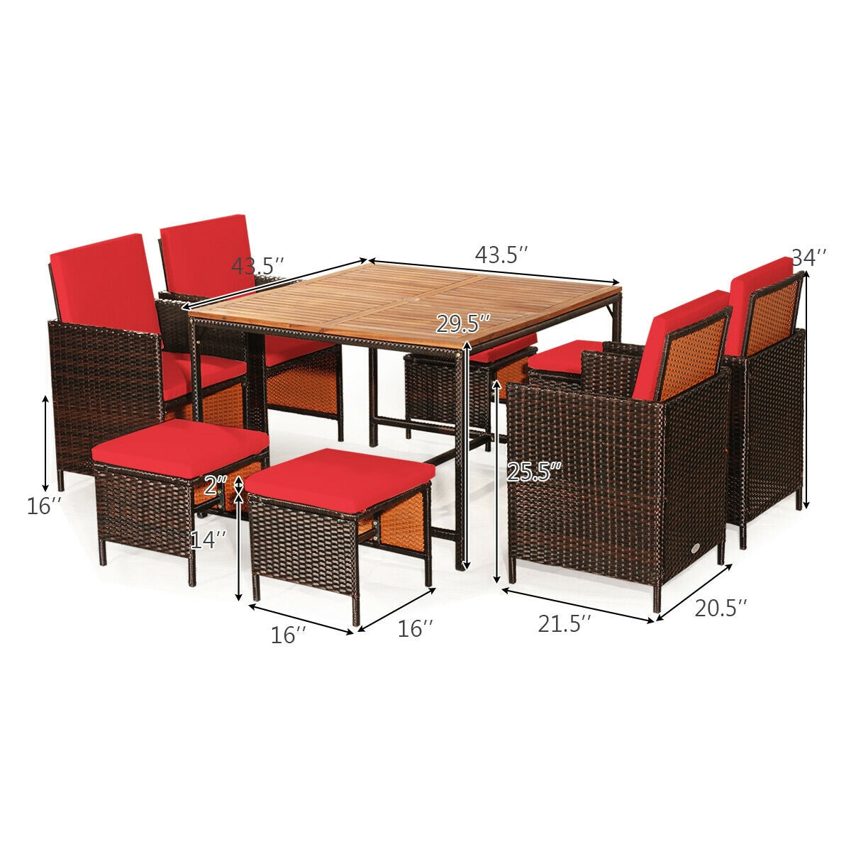 9PCS Patio Rattan Dining Cushioned Chairs Set-Red
