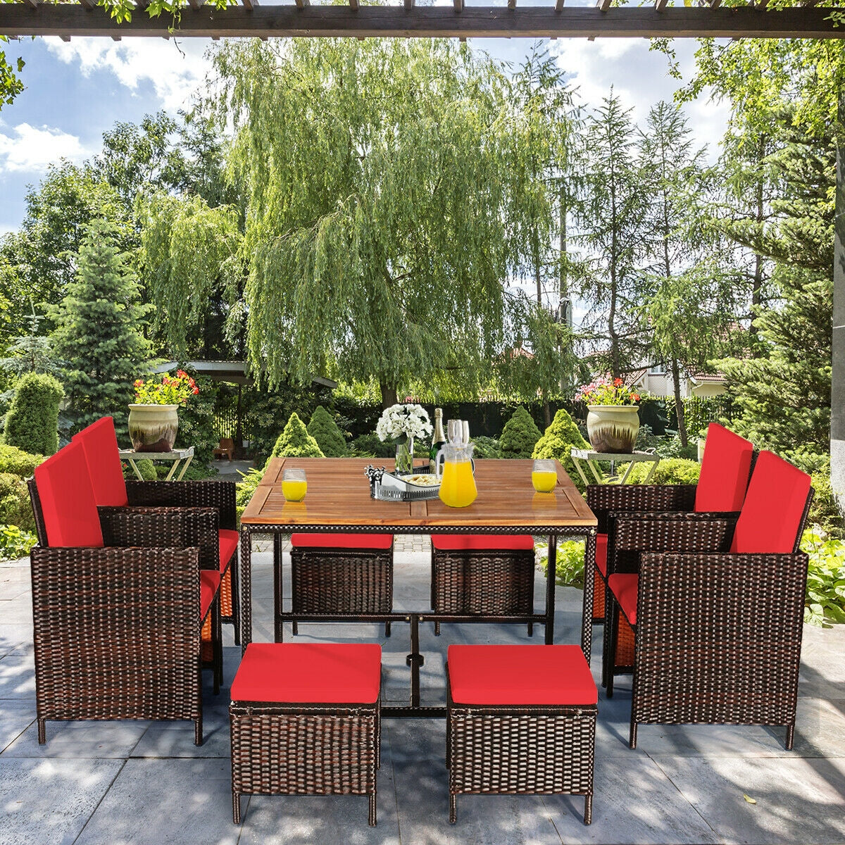 9PCS Patio Rattan Dining Cushioned Chairs Set-Red
