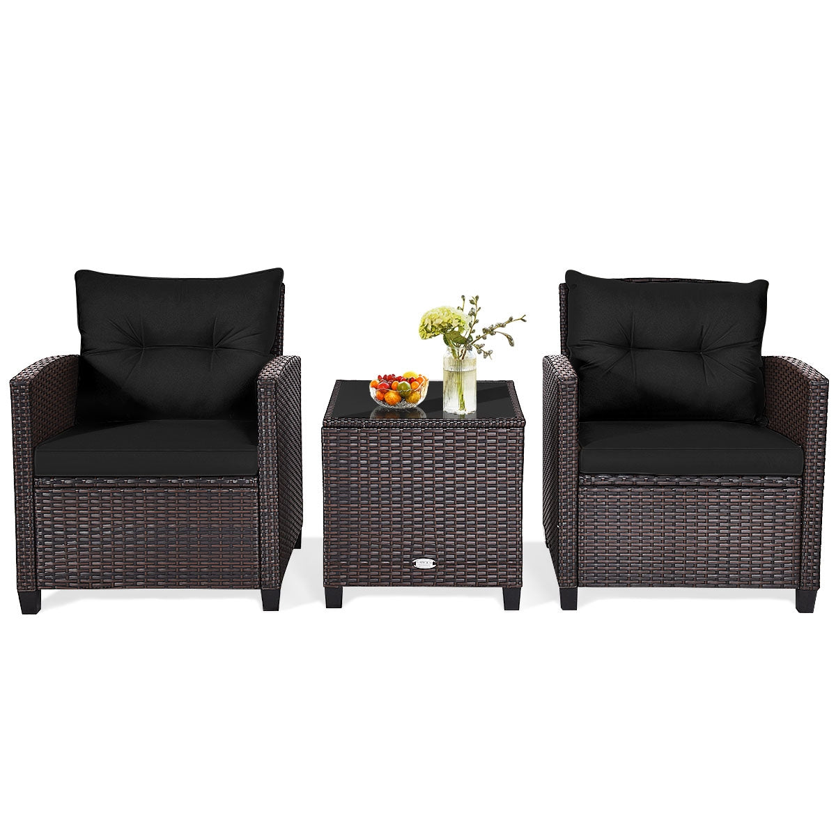 3 Pieces Cushioned Rattan Patio Conversation Set with Coffee Table-Black