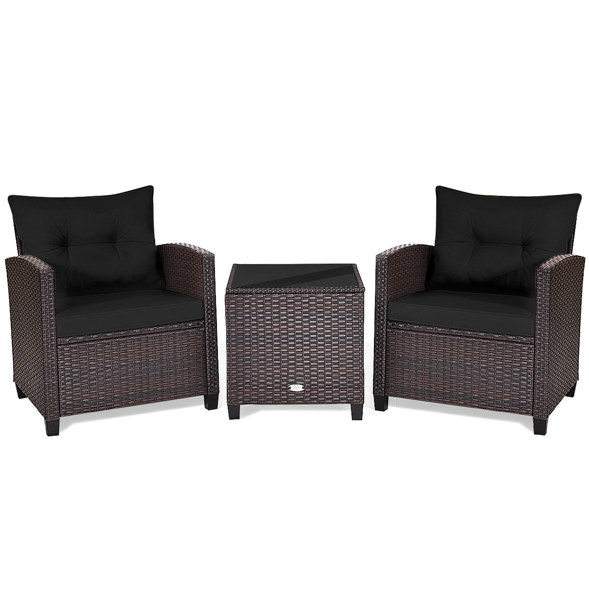 3 Pieces Cushioned Rattan Patio Conversation Set with Coffee Table-Black