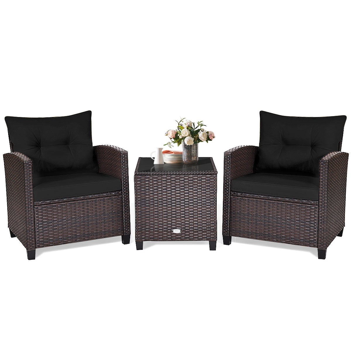 3 Pieces Cushioned Rattan Patio Conversation Set with Coffee Table-Black