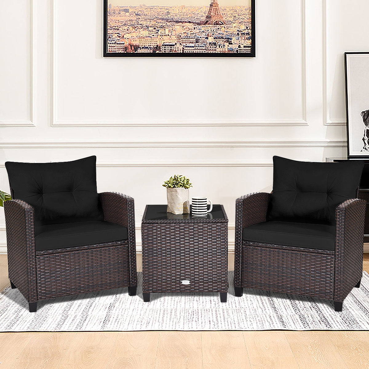 3 Pieces Cushioned Rattan Patio Conversation Set with Coffee Table-Black