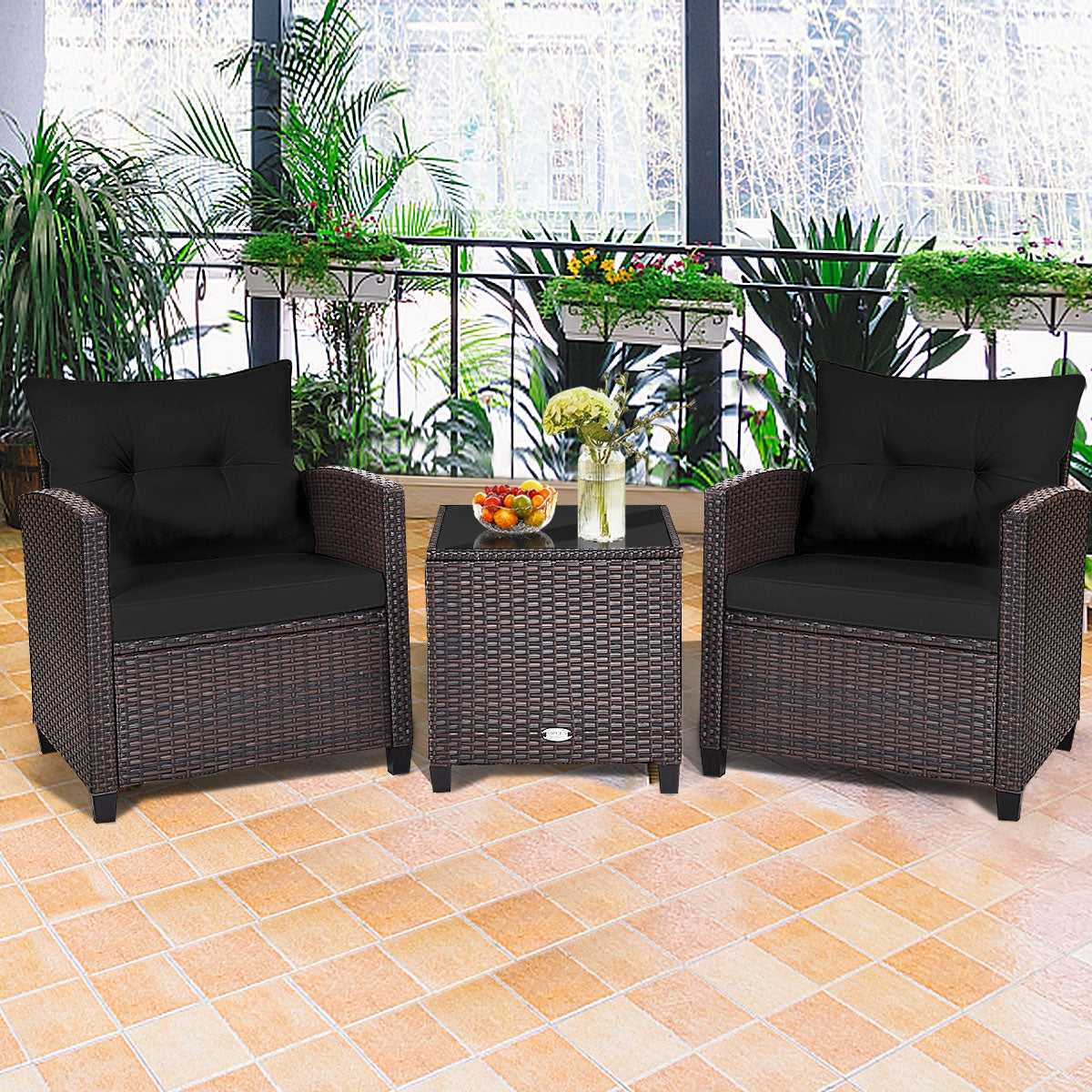 3 Pieces Cushioned Rattan Patio Conversation Set with Coffee Table-Black