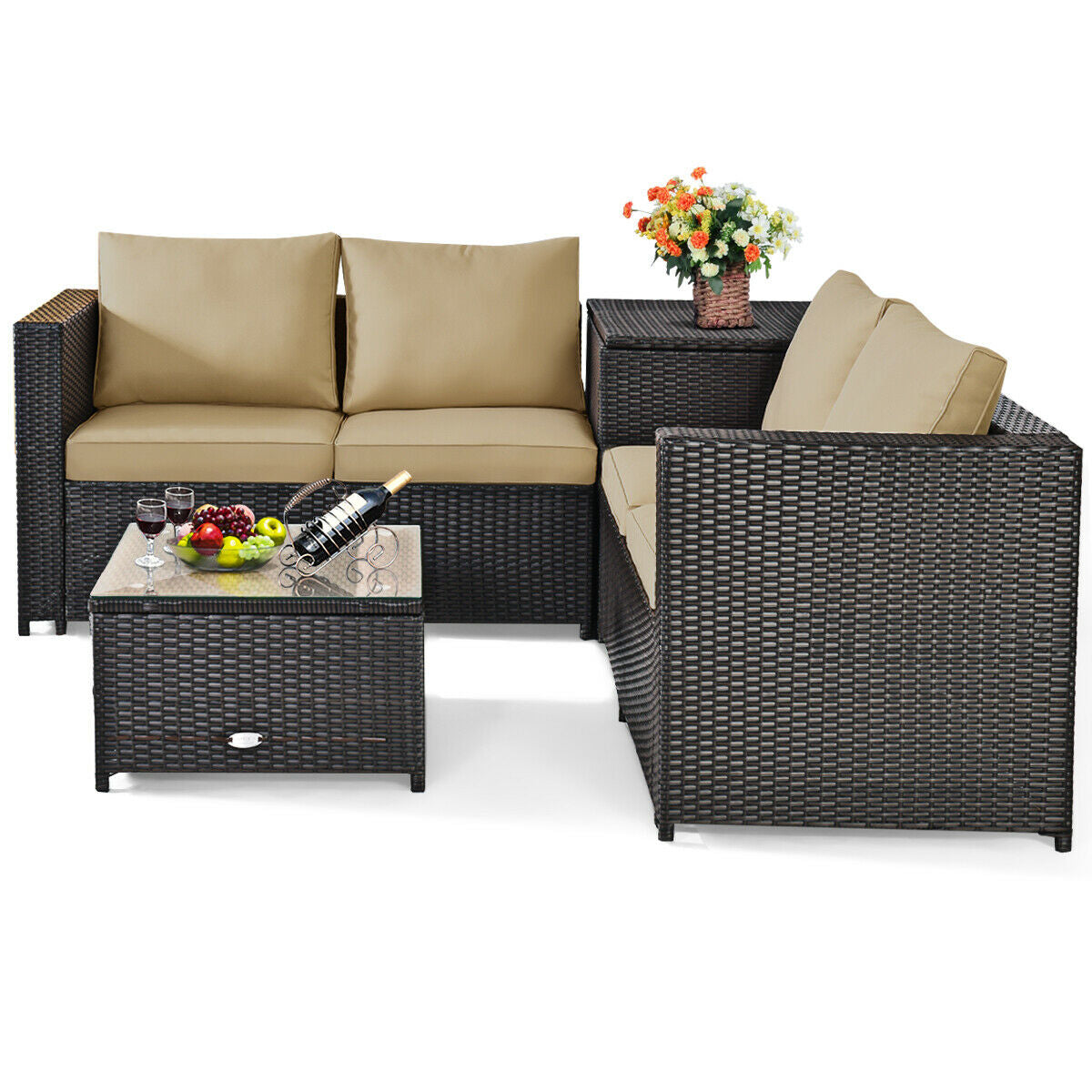 4 Pieces Outdoor Patio Rattan Furniture Set with Cushioned Loveseat and Storage Box-Brown