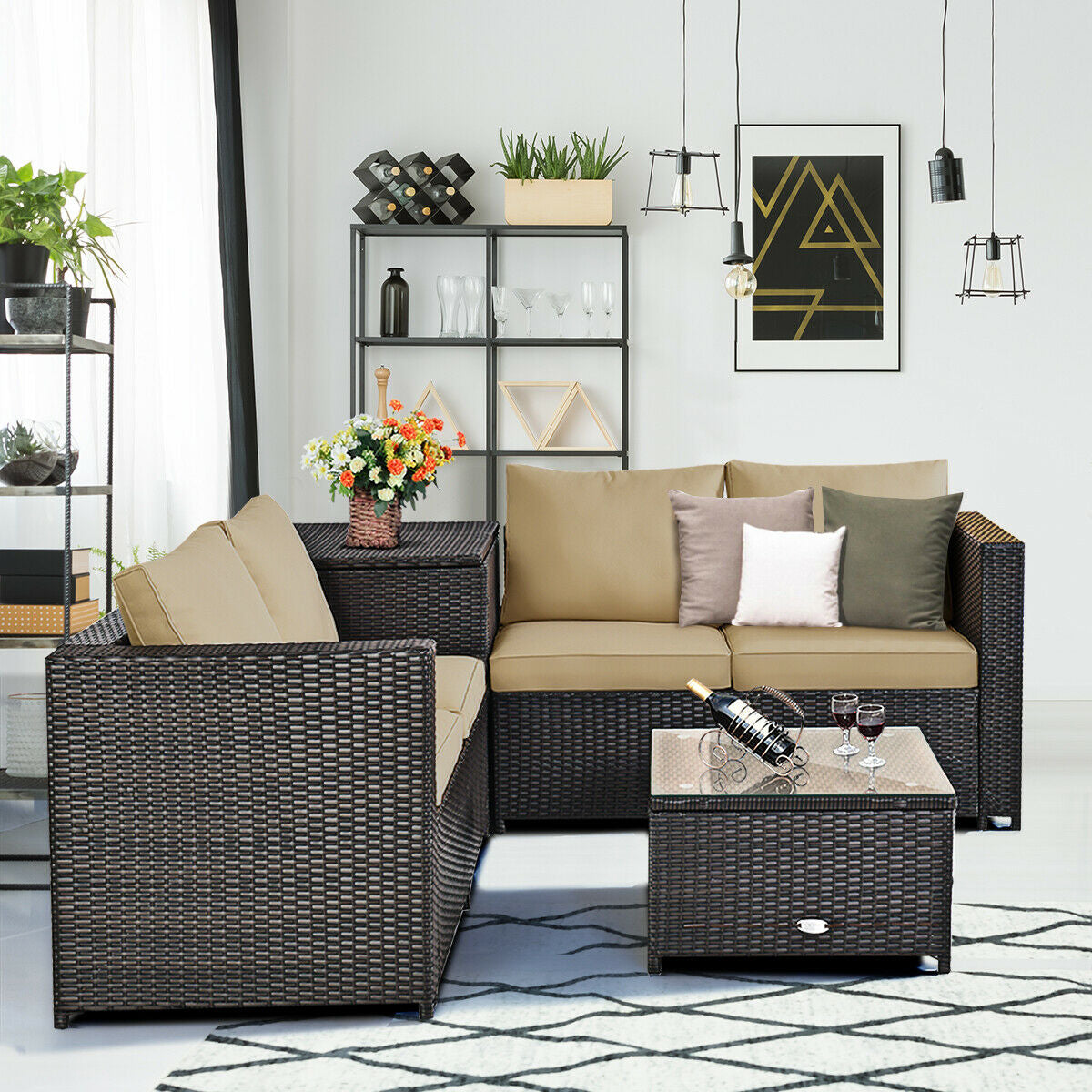 4 Pieces Outdoor Patio Rattan Furniture Set with Cushioned Loveseat and Storage Box-Brown
