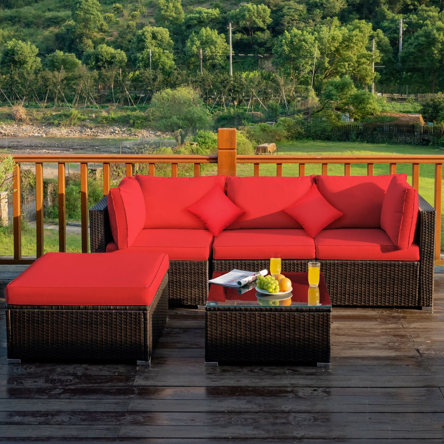5 Pcs Outdoor Patio Rattan Furniture Set Sectional Conversation with Cushions-Red