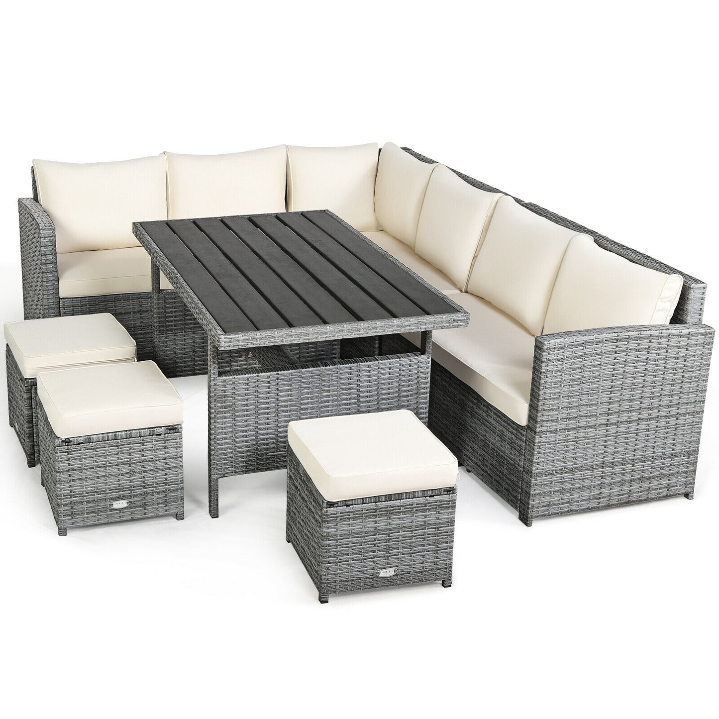 7 Pcs All-Weather Patio Rattan Dining Furniture Sectional Sofa Set with Wicker Ottoman and Cushed Couch-Off White