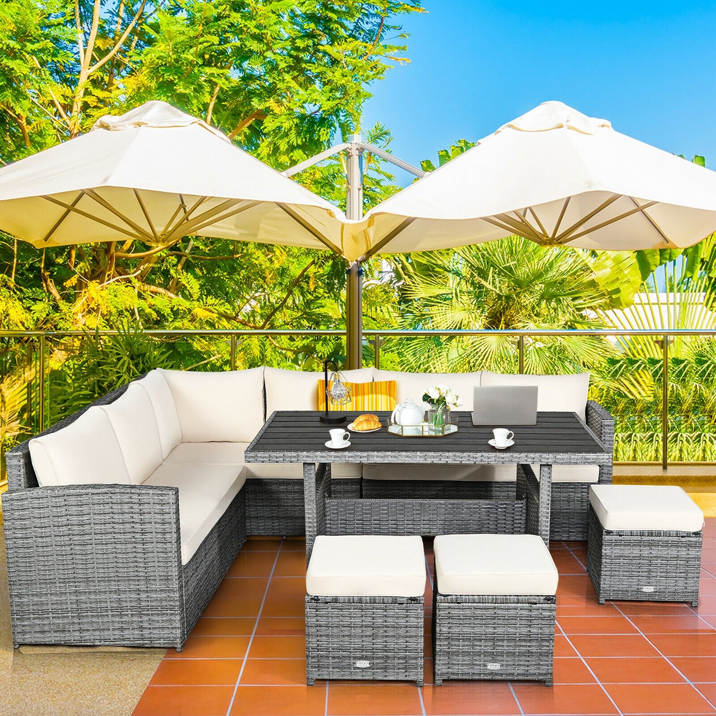 7 Pcs All-Weather Patio Rattan Dining Furniture Sectional Sofa Set with Wicker Ottoman and Cushed Couch-Off White