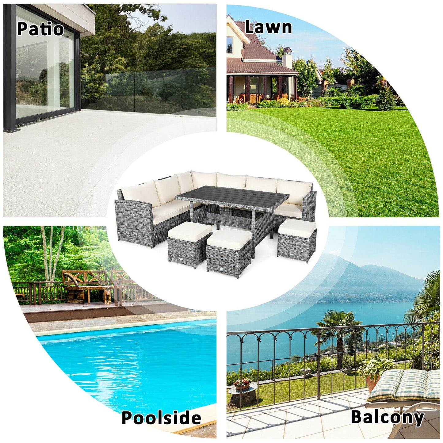 7 Pcs All-Weather Patio Rattan Dining Furniture Sectional Sofa Set with Wicker Ottoman and Cushed Couch-Off White