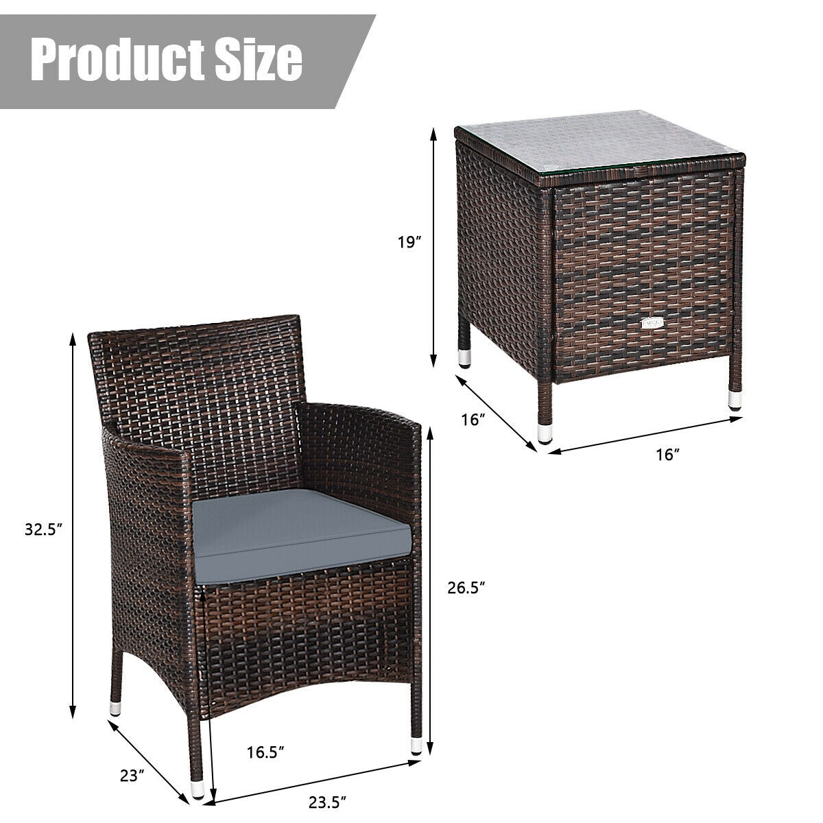 3 Pieces Patio Furniture Set Outdoor Wicker Rattan Set-Gray