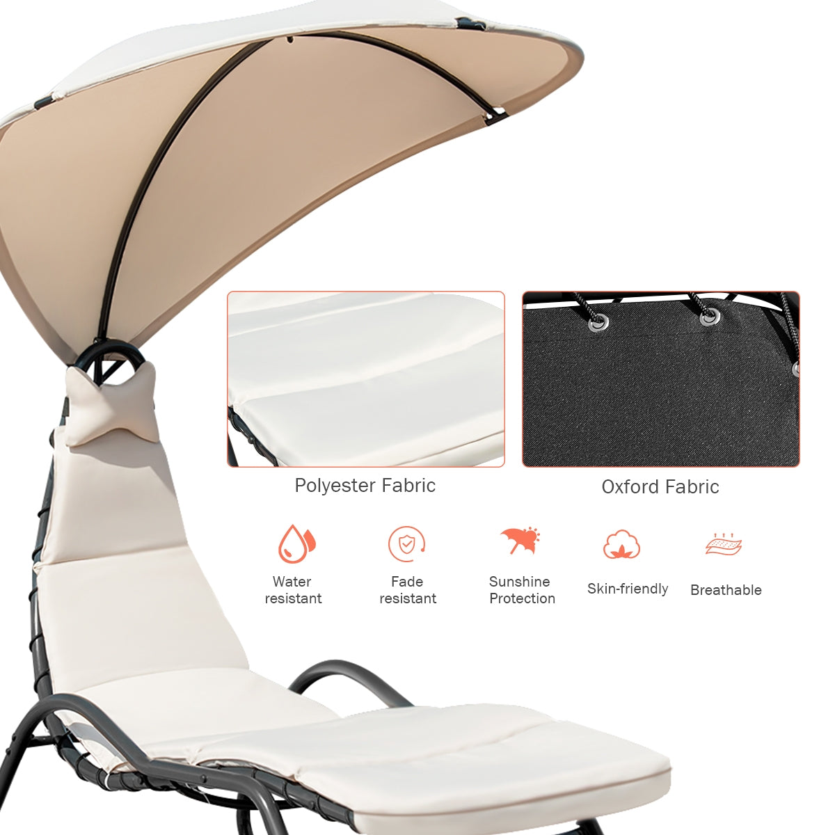Chaise Lounge Swing with Wide Canopy Sun Shade and Soft Cushion-Beige