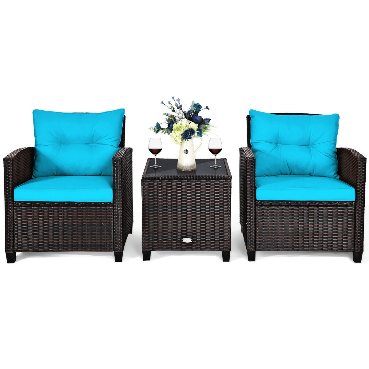 3 Pieces Cushioned Rattan Patio Conversation Set with Coffee Table-Turquoise