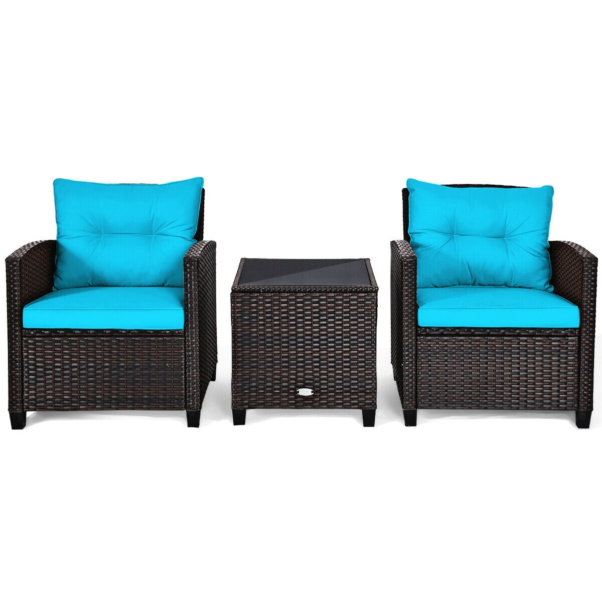 3 Pieces Cushioned Rattan Patio Conversation Set with Coffee Table-Turquoise