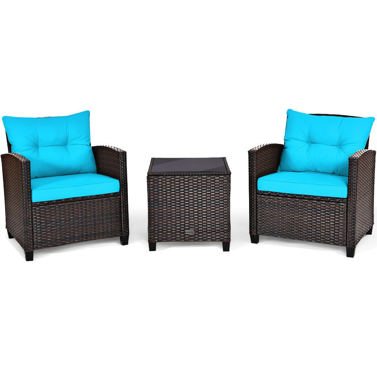 3 Pieces Cushioned Rattan Patio Conversation Set with Coffee Table-Turquoise