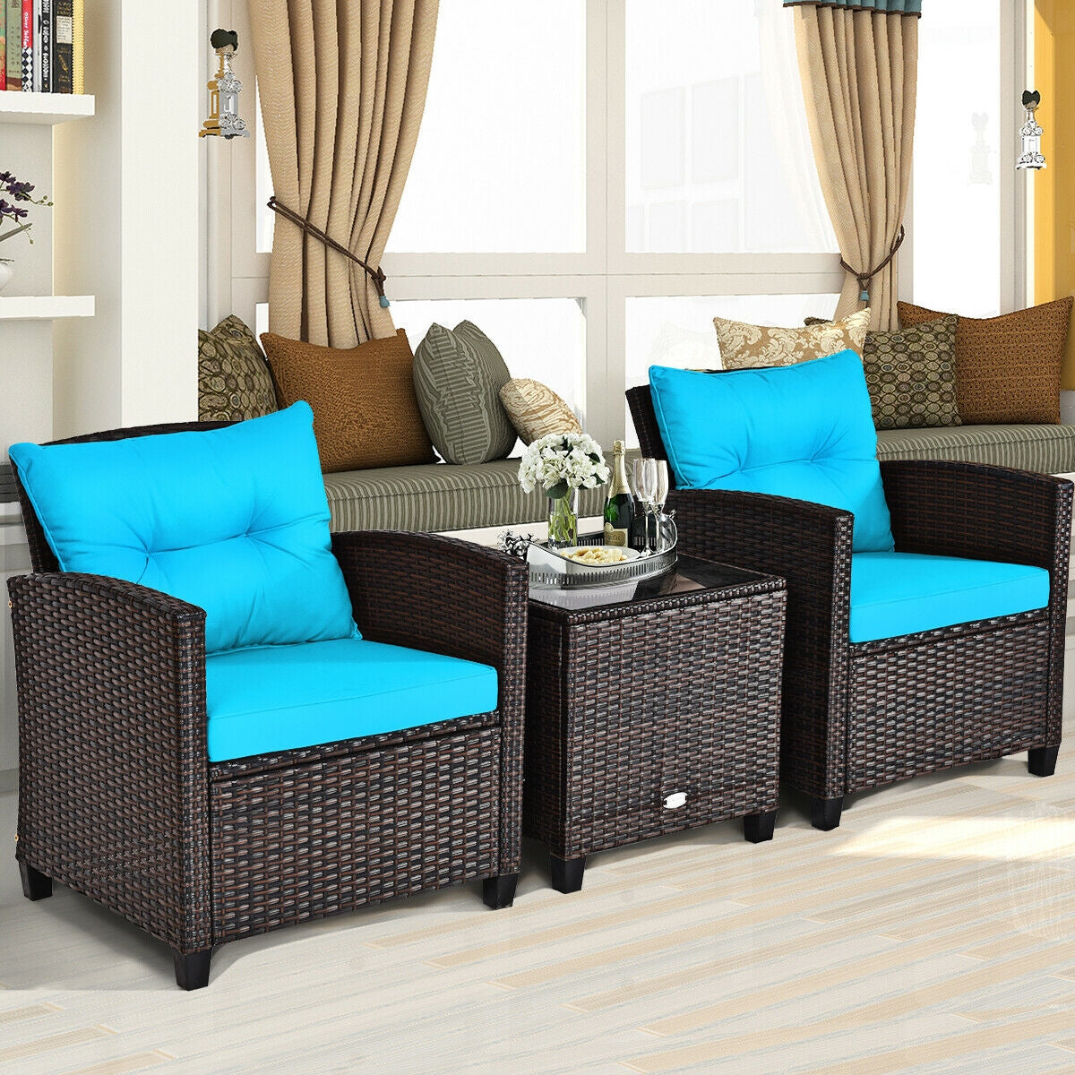 3 Pieces Cushioned Rattan Patio Conversation Set with Coffee Table-Turquoise