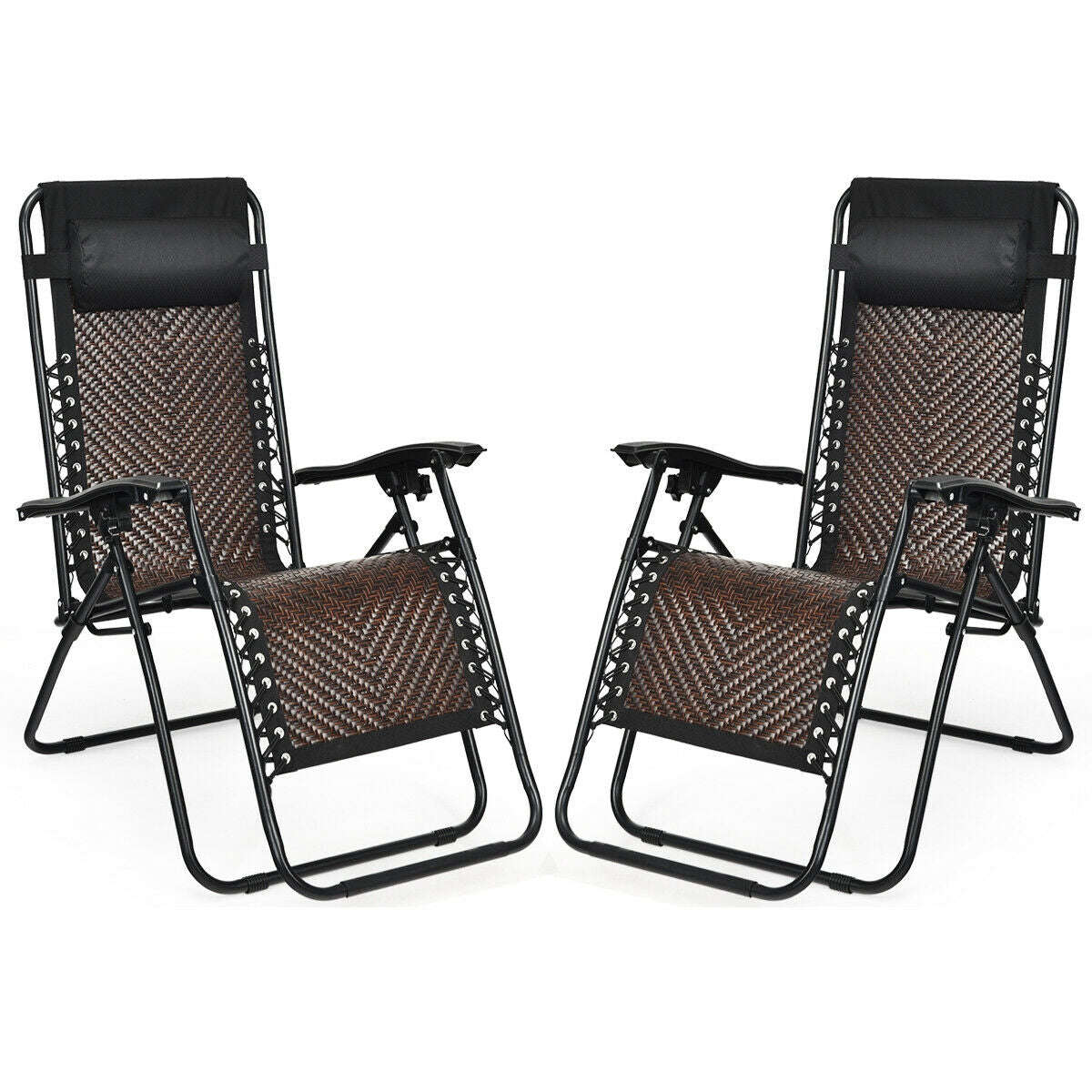 2 Pieces Folding Patio Rattan Zero Gravity Lounge Chair-Coffee