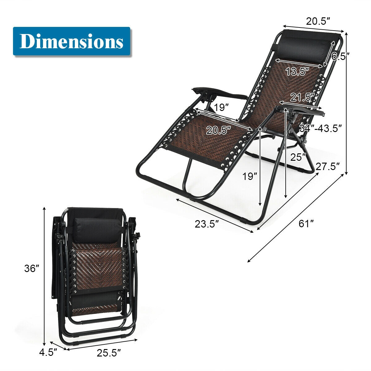 2 Pieces Folding Patio Rattan Zero Gravity Lounge Chair-Coffee