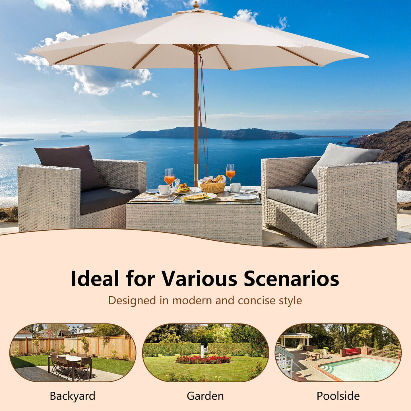 Adjustable 10 Feet Wooden Outdoor Umbrella Sunshade-Beige