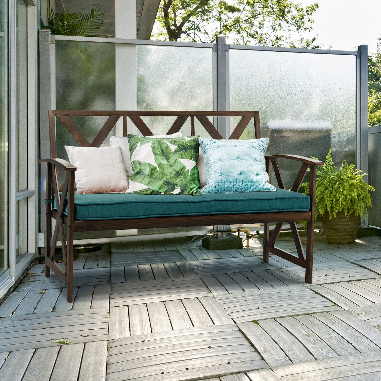 Brown Outdoor Garden Bench with Detachable Sponge-Padded Cushion