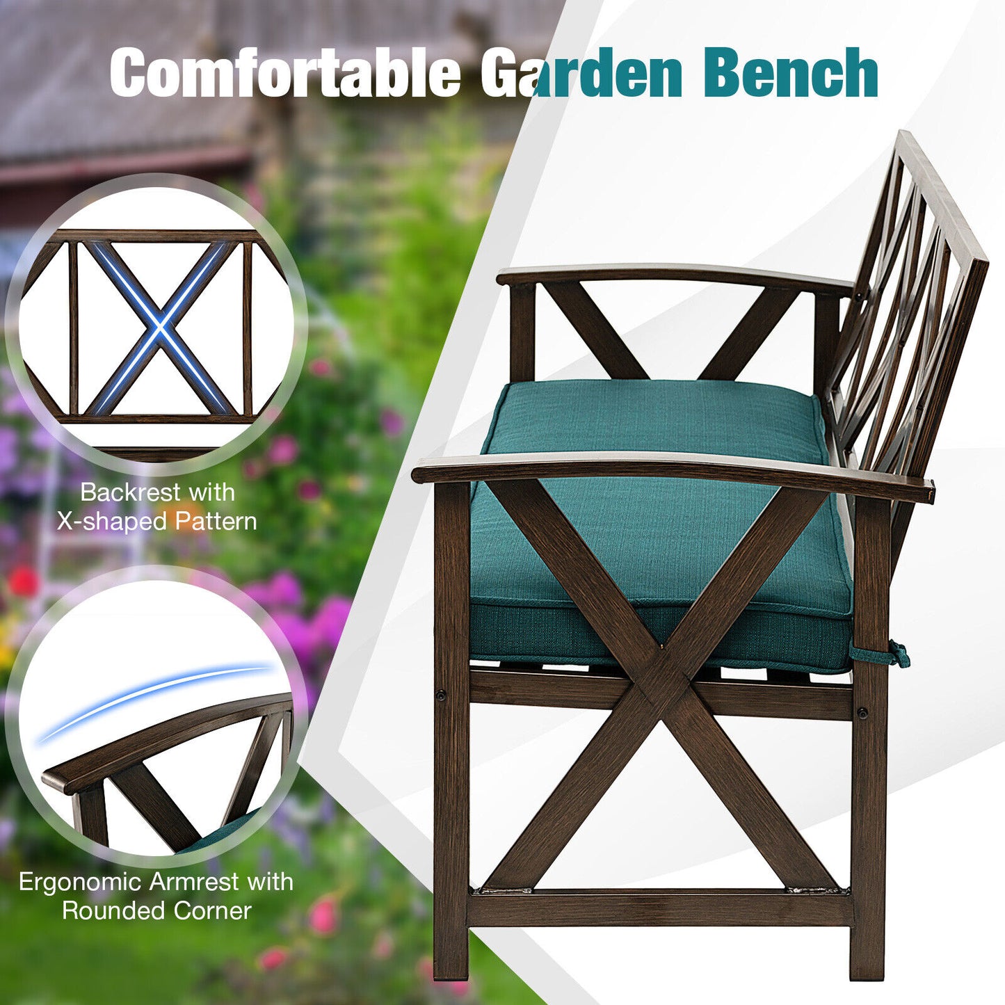 Brown Outdoor Garden Bench with Detachable Sponge-Padded Cushion
