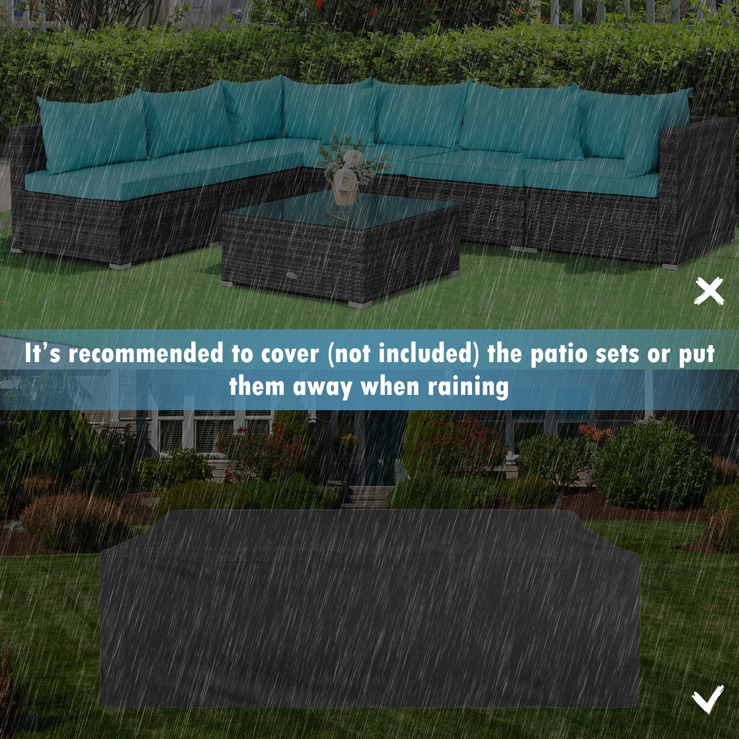 7 Pieces Patio Rattan Furniture Set with Sectional Sofa Cushioned-Turquoise