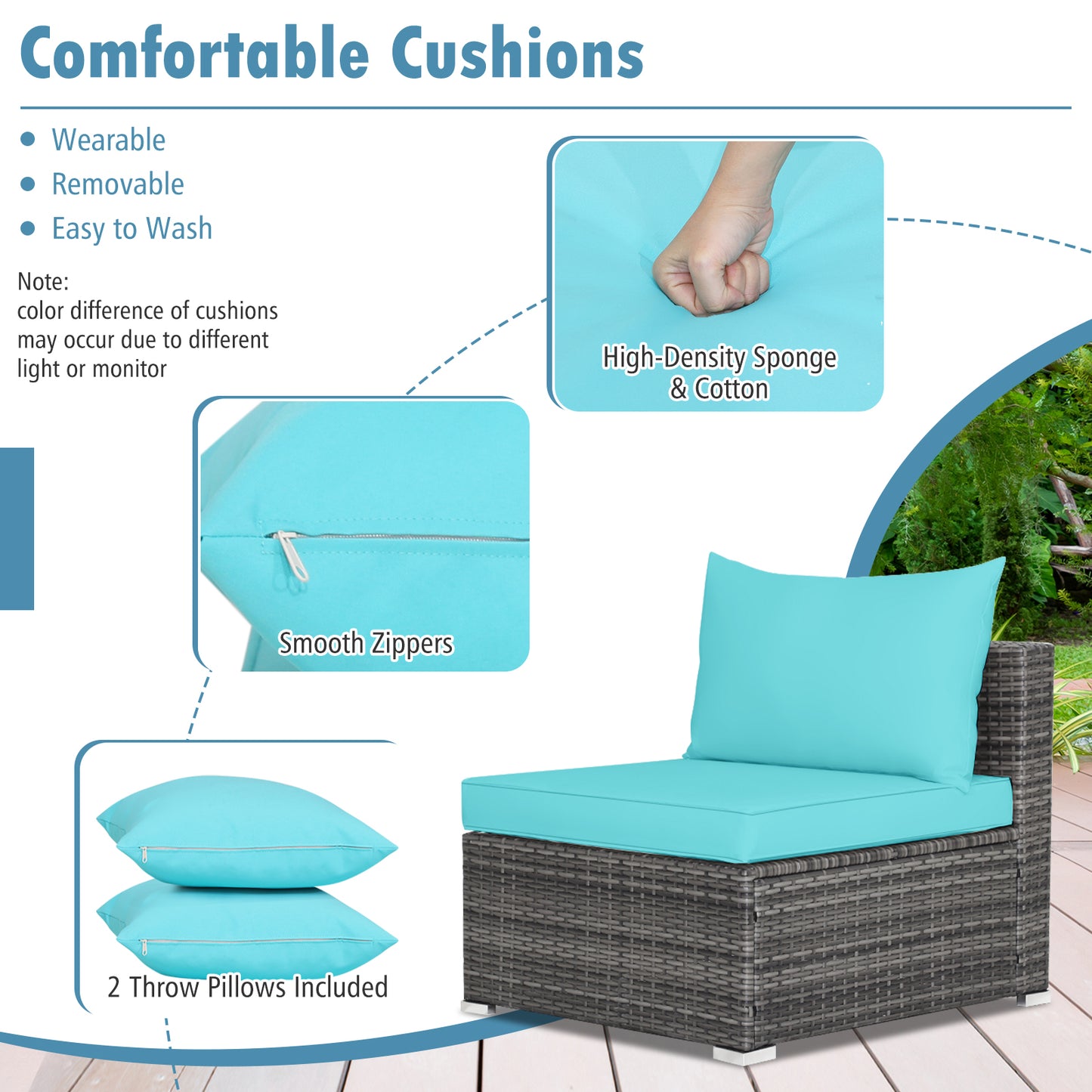 7 Pieces Patio Rattan Furniture Set with Sectional Sofa Cushioned-Turquoise