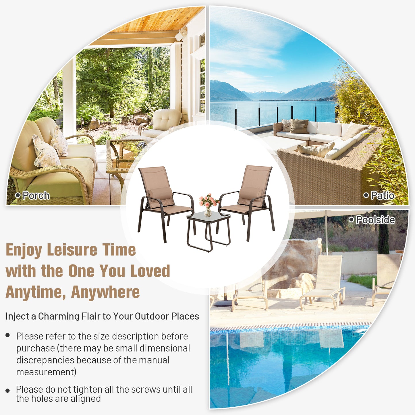 3 Pieces Patio Bistro Furniture Set with Adjustable Backrest-Coffee
