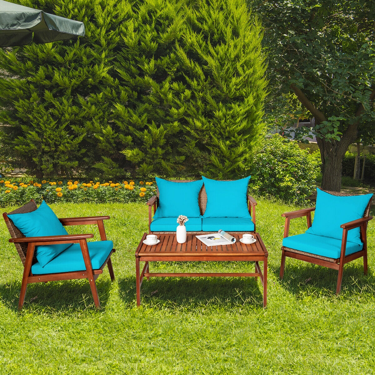 4 Pieces Acacia Wood Patio Rattan Furniture Set-Turquoise