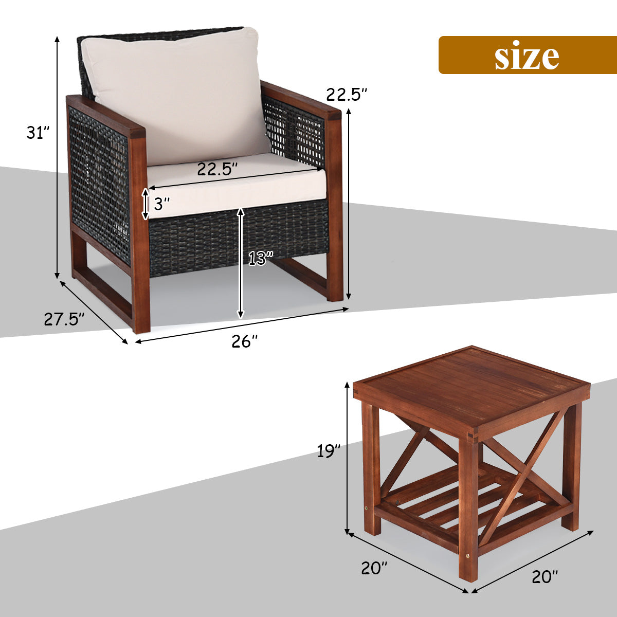 3 Pcs Patio Wicker Furniture Sofa Set with Wooden Frame and Cushion-Beige