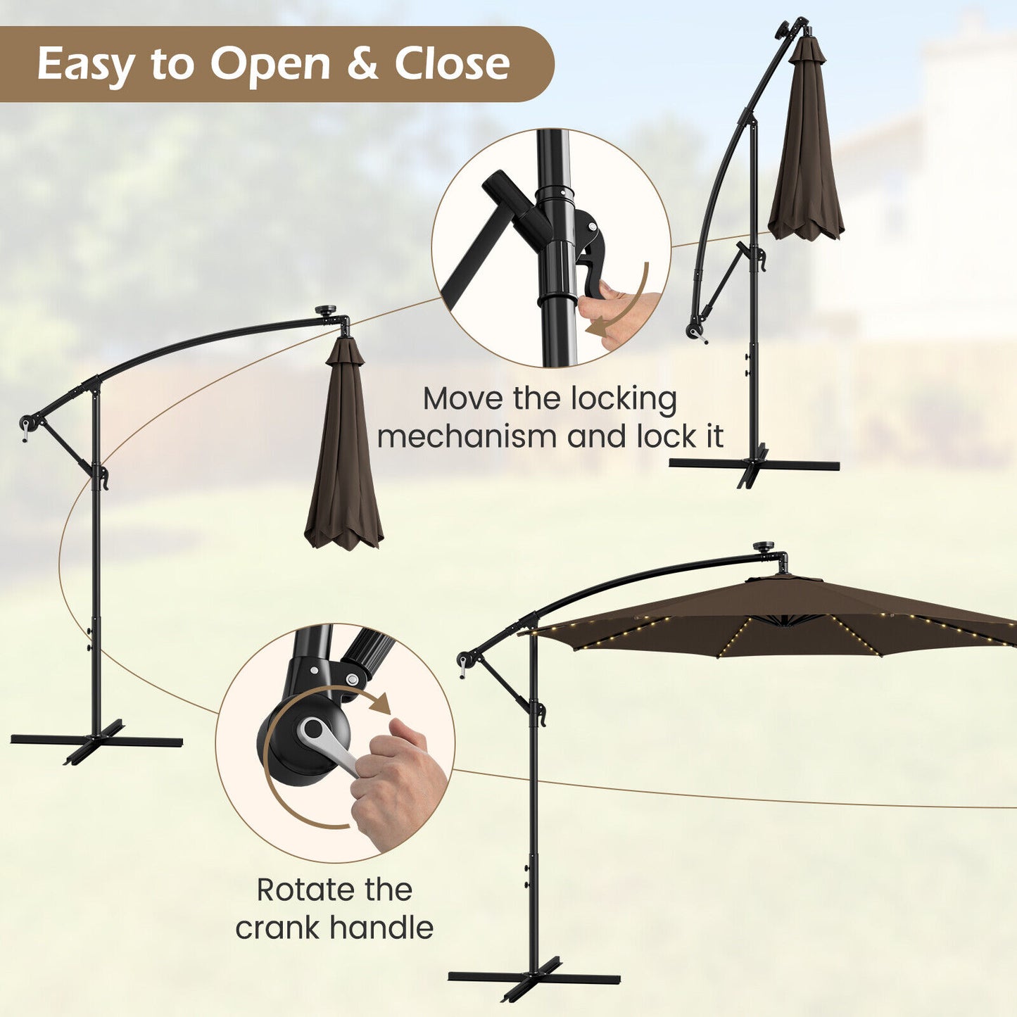 10 Feet Patio Offset Umbrella with 112 Solar-Powered LED Lights-Beige-Coffee
